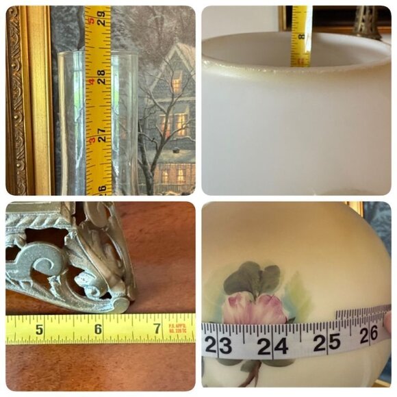 Antique Ornate Brass Parlor Oil Lamp W/ Cherubs Alabaster Base Hand Painted Glas - Picture 8 of 10